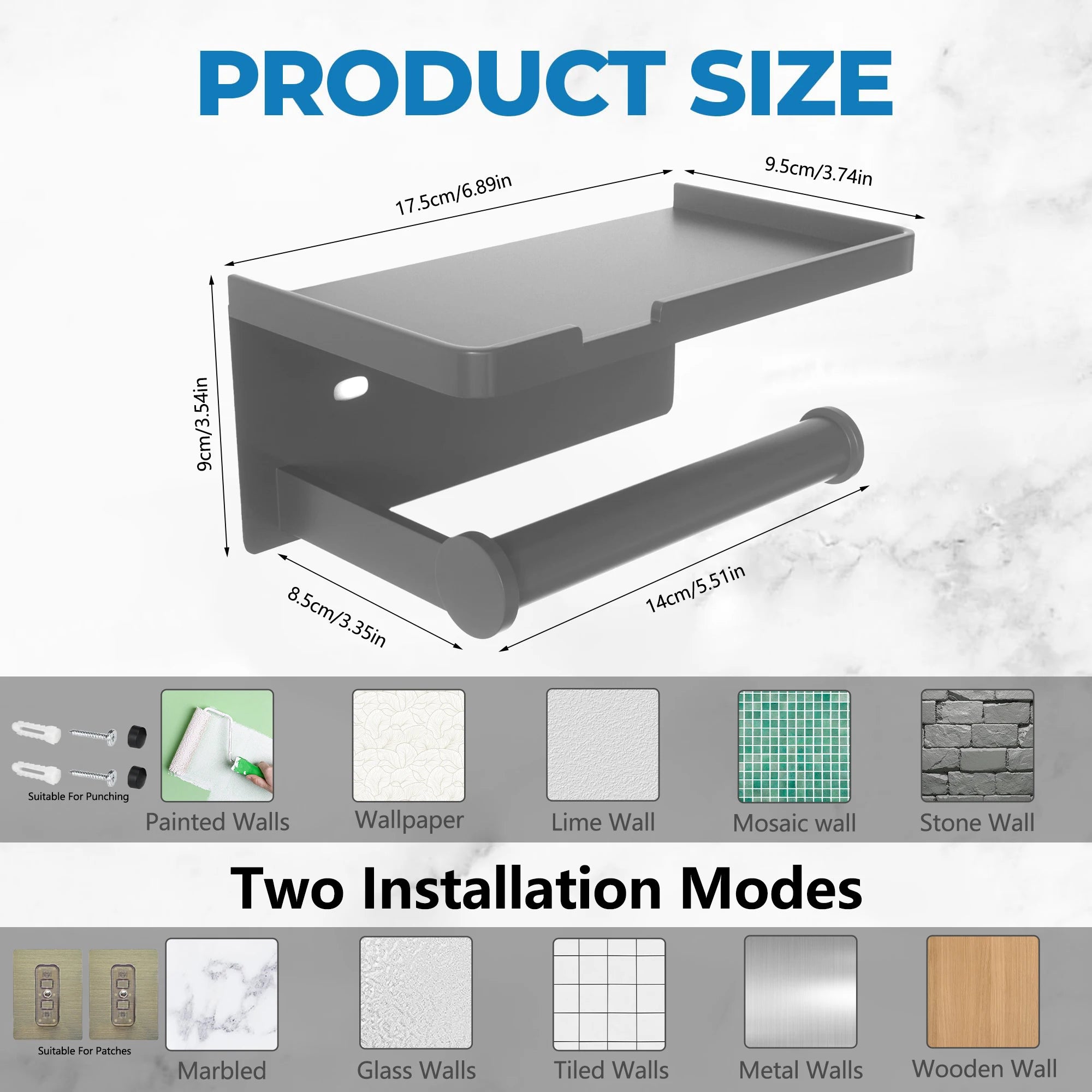 Toilet Paper Holder with Phone Shelf Adhesive or Screw Wall Mount Toilet Tissue Roll Holder for Bathroom