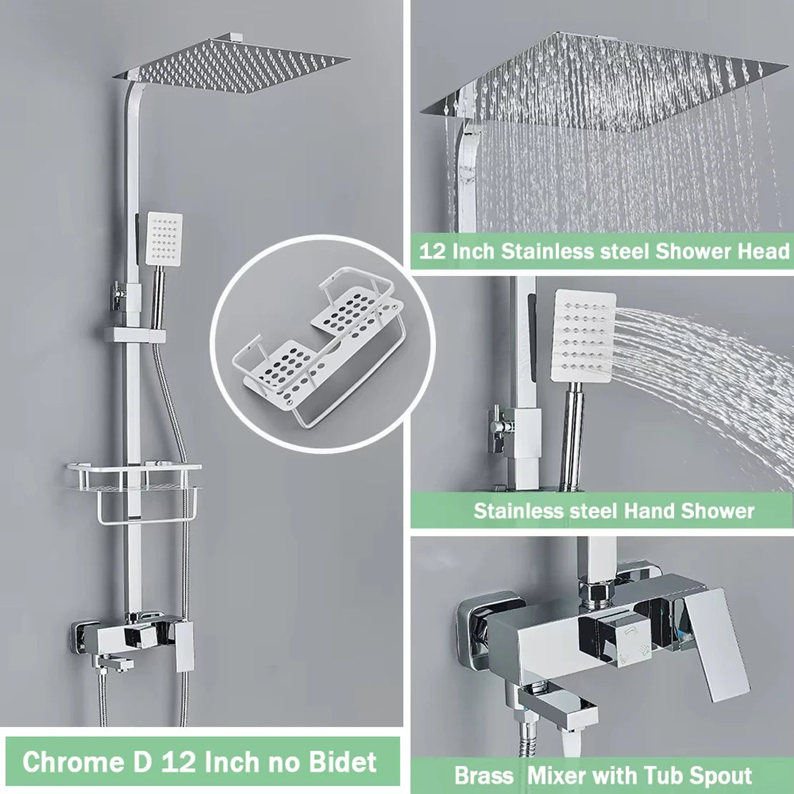 Black/Chrome Brass Shower Faucet Set Rainfall Bathtub Tap With Bathroom Shelf 3 Functions Height Adjust Shower Mixer Crane Fast