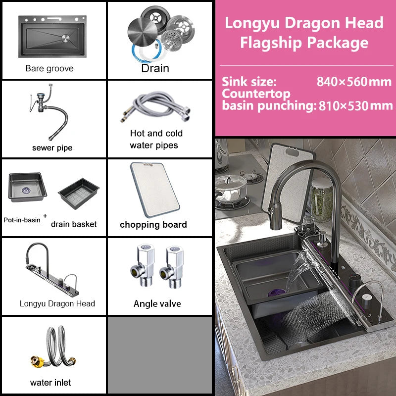 MultiFunction Waterfall Wash Vegetables Basin Stainless Steel Large Single Slot With Smart Digital Display Faucet Kitchen Sink