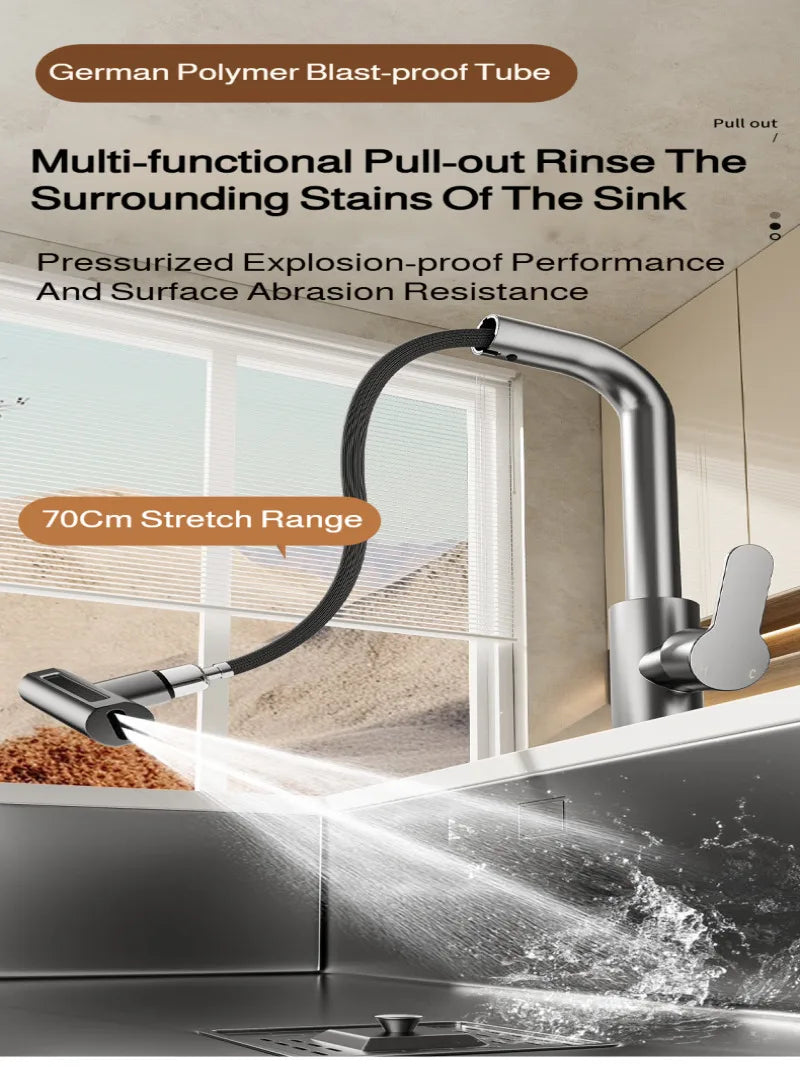 Kitchen Pull-out Faucet Four-setting Hot and Cold Sink Faucet Telescopic Waterfall Faucet Splash-proof for Various Countertops