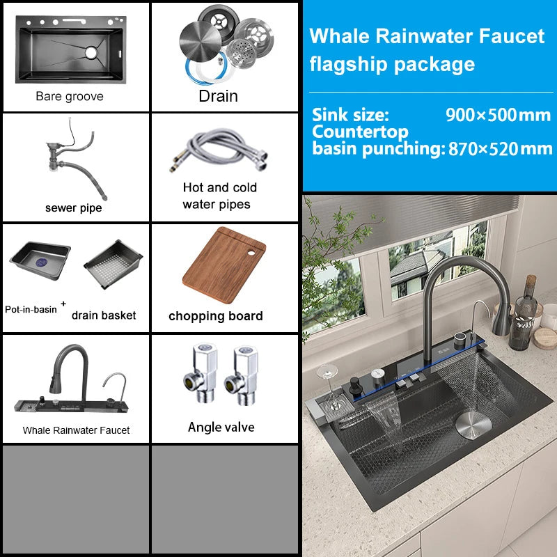 MultiFunction Waterfall Wash Vegetables Basin Stainless Steel Large Single Slot With Smart Digital Display Faucet Kitchen Sink