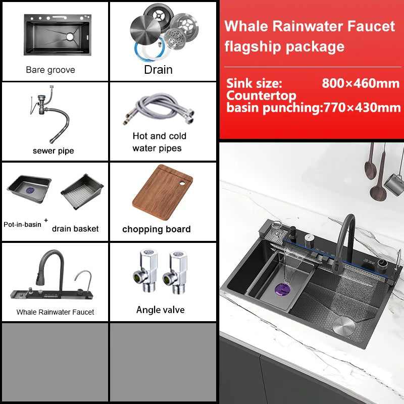 MultiFunction Waterfall Wash Vegetables Basin Stainless Steel Large Single Slot With Smart Digital Display Faucet Kitchen Sink