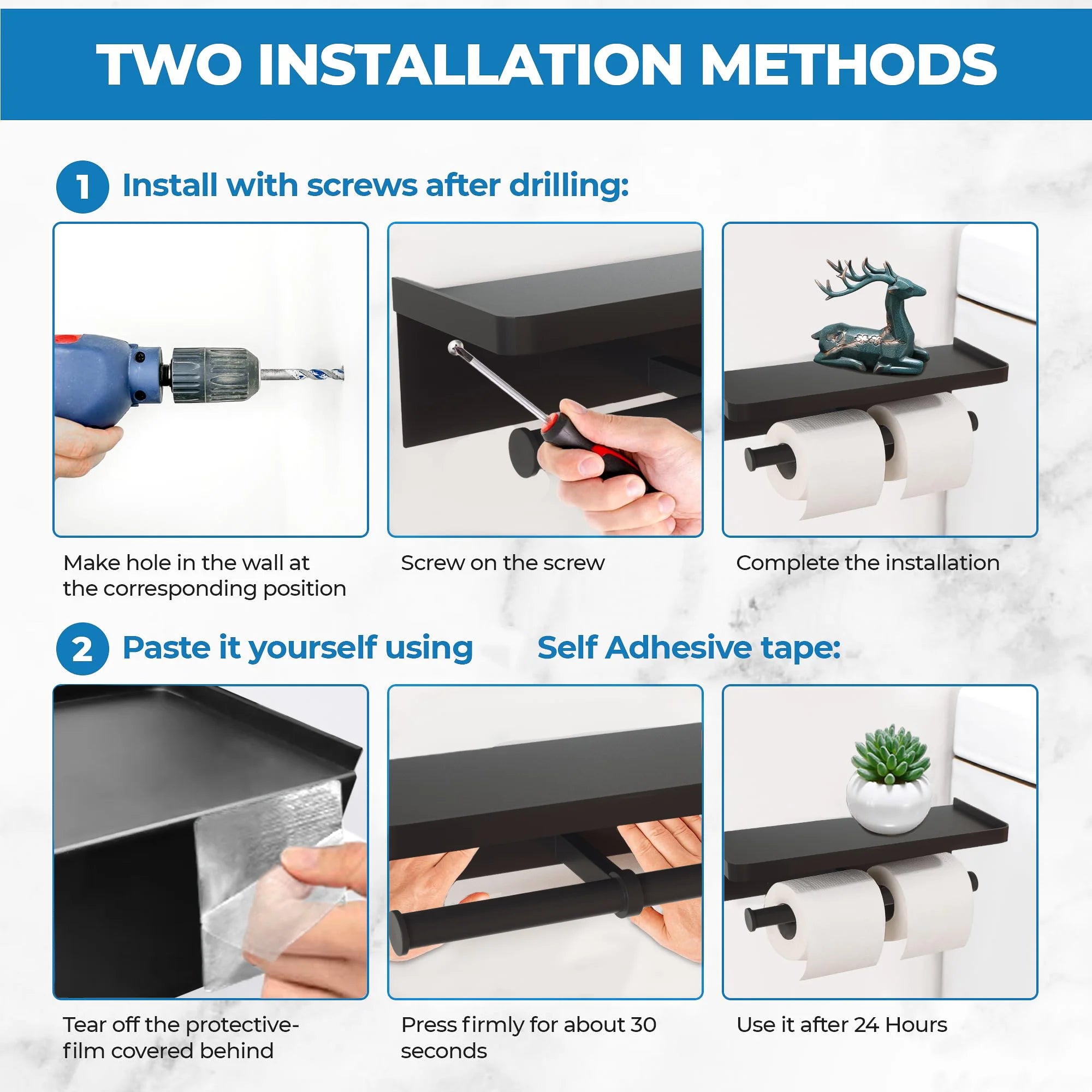 Toilet Paper Holder with Phone Shelf Adhesive or Screw Wall Mount Toilet Tissue Roll Holder for Bathroom