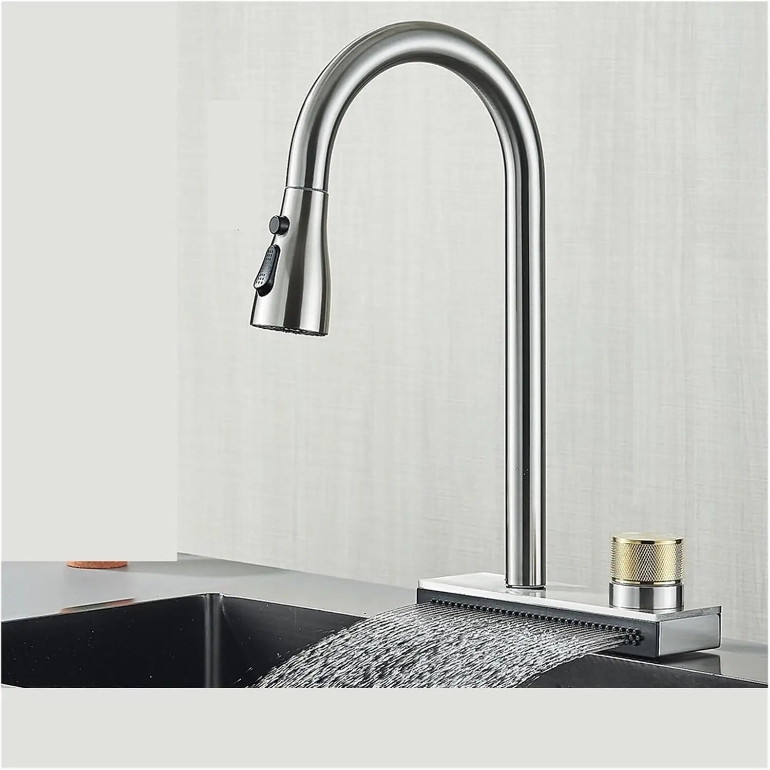 Black Kitchen Faucet With Rainfall Waterfall Wash 4 Function Brass Single Hole Pull Out Mixer Hot Cold Water Taps Deck Mounted
