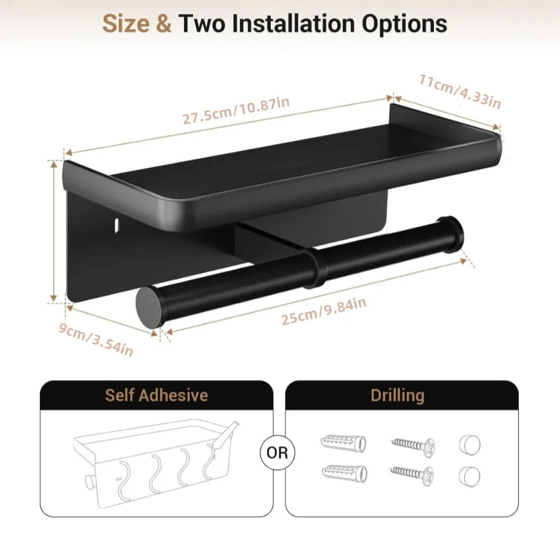 Toilet Paper Holder with Phone Shelf Adhesive or Screw Wall Mount Toilet Tissue Roll Holder for Bathroom