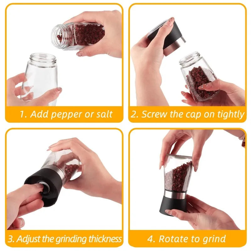 New Pepper Grinder Durable Glass Body Premium Stainless Steel Salt Grinder Adjustable Coarseness Handheld Spice Mill Pepper Mill