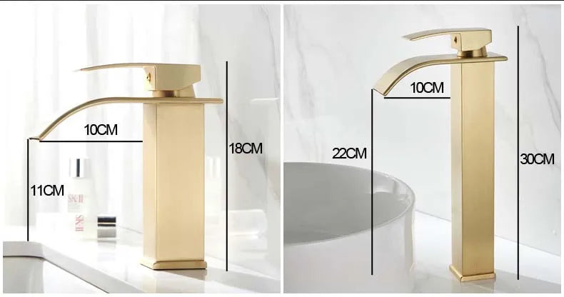 Brush Gold Waterfall Bathroom Basin Faucet Waterfall Spout Vanity Matte Gold Sink Mixers Taps Sink Faucet Tall short Style