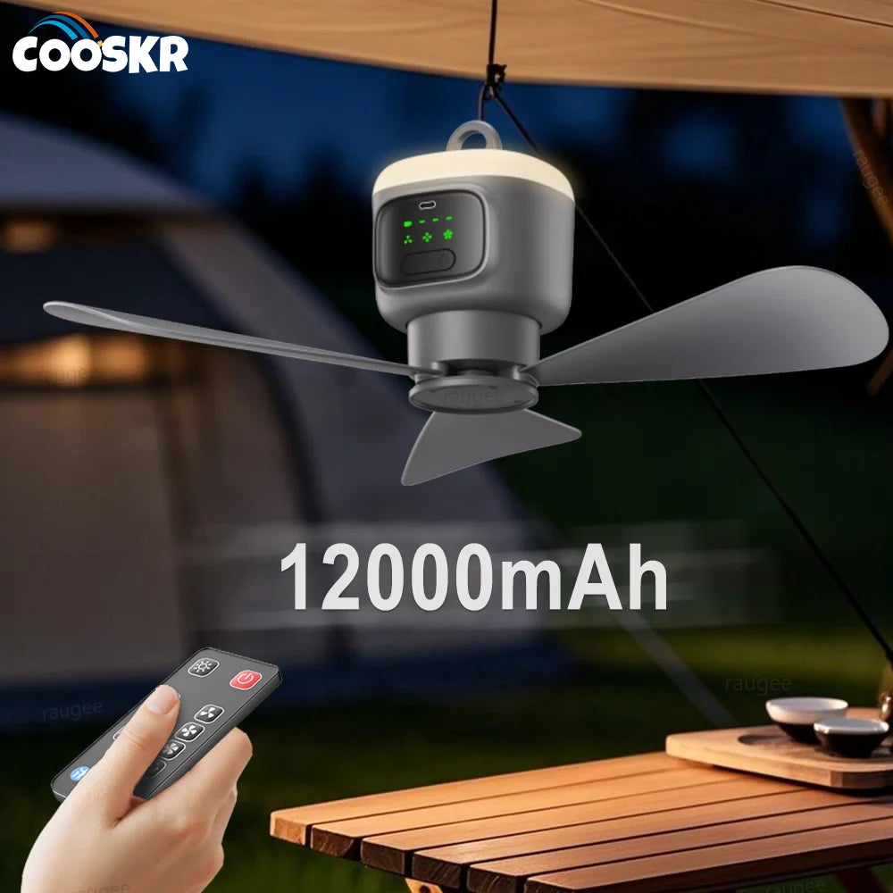 12000mAh Portable Ceiling Fans Outdoor Camping Fan Tent Air Circulator Cooler Rechargeable Electric Fan Remote Control LED Light