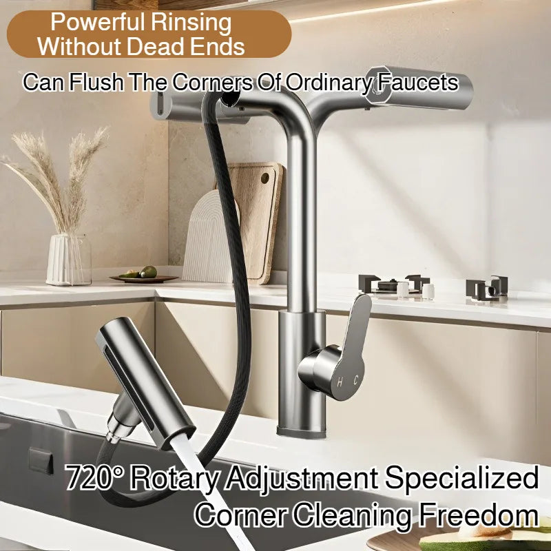 Kitchen Pull-out Faucet Four-setting Hot and Cold Sink Faucet Telescopic Waterfall Faucet Splash-proof for Various Countertops