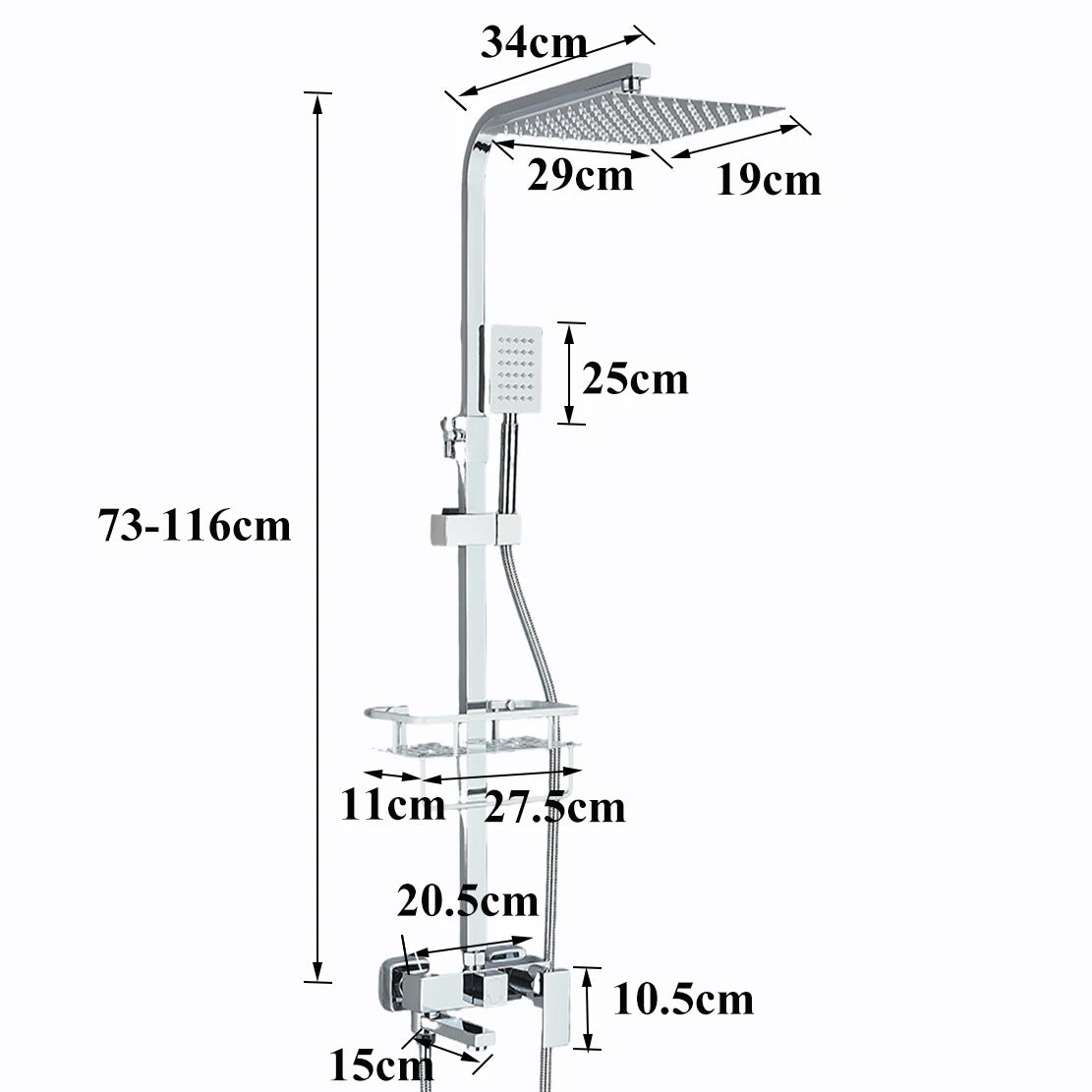 Black/Chrome Brass Shower Faucet Set Rainfall Bathtub Tap With Bathroom Shelf 3 Functions Height Adjust Shower Mixer Crane Fast