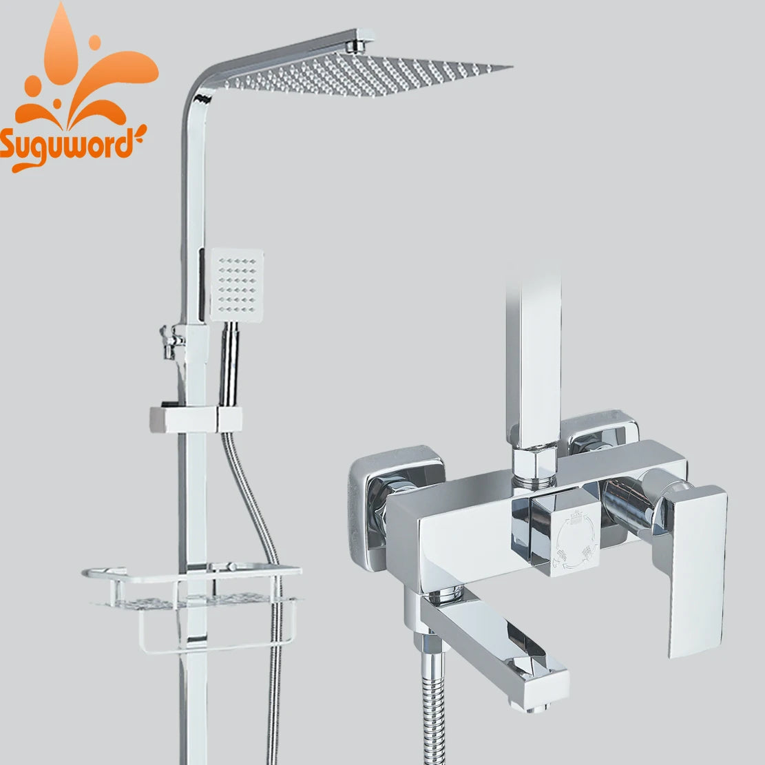 Black/Chrome Brass Shower Faucet Set Rainfall Bathtub Tap With Bathroom Shelf 3 Functions Height Adjust Shower Mixer Crane Fast