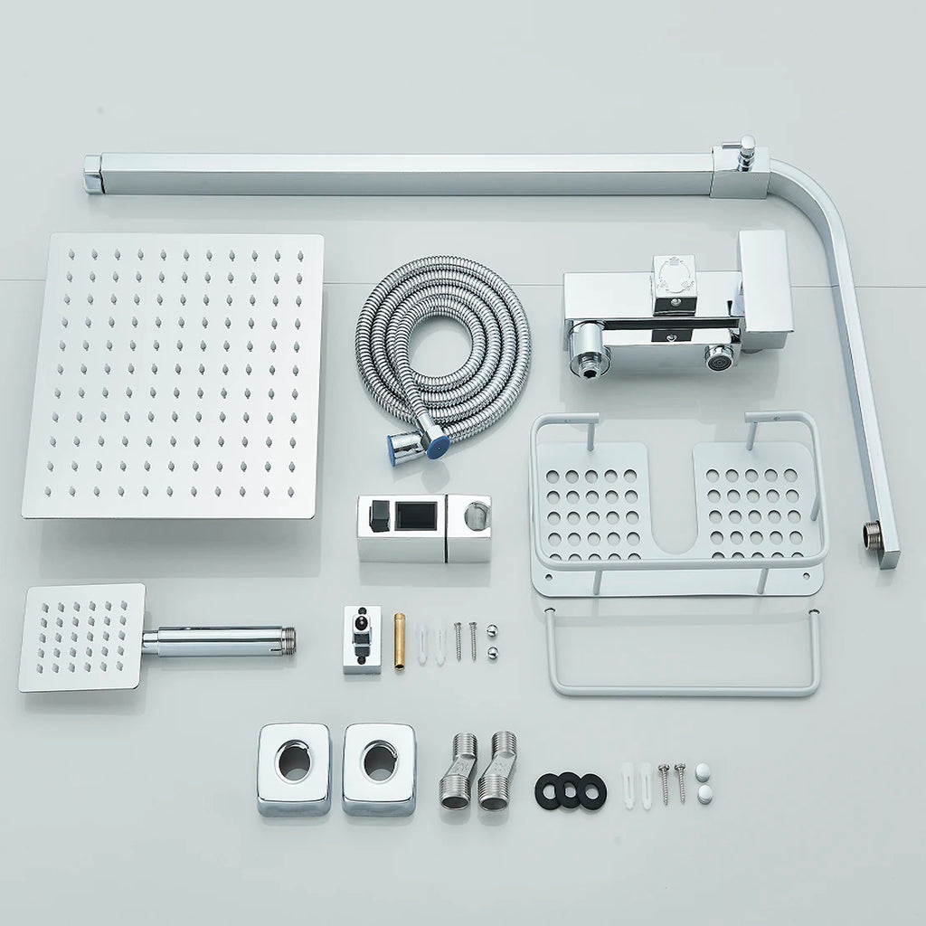 Black/Chrome Brass Shower Faucet Set Rainfall Bathtub Tap With Bathroom Shelf 3 Functions Height Adjust Shower Mixer Crane Fast