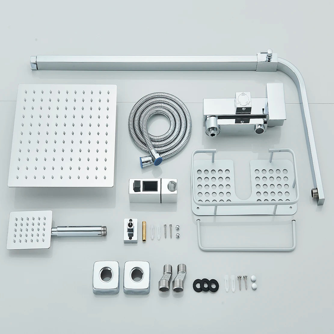 Black/Chrome Brass Shower Faucet Set Rainfall Bathtub Tap With Bathroom Shelf 3 Functions Height Adjust Shower Mixer Crane Fast