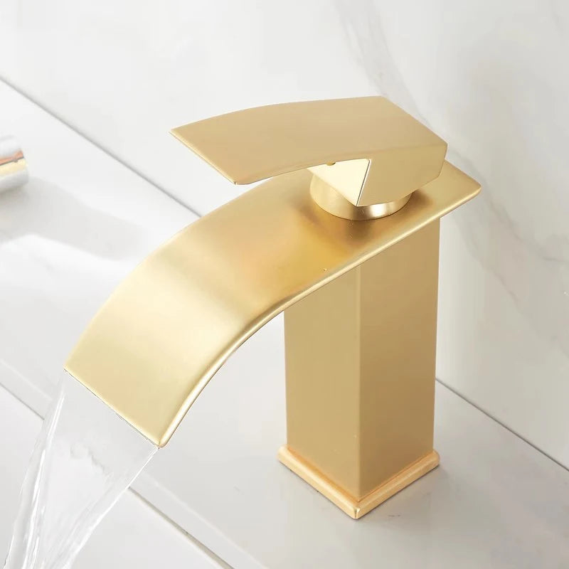 Brush Gold Waterfall Bathroom Basin Faucet Waterfall Spout Vanity Matte Gold Sink Mixers Taps Sink Faucet Tall short Style