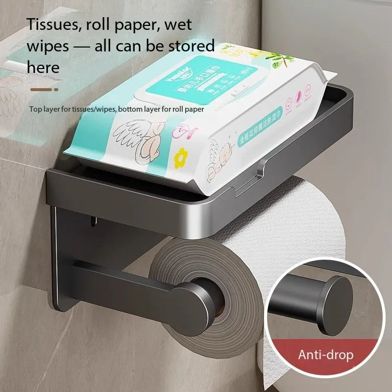 Toilet Paper Holder with Phone Shelf Adhesive or Screw Wall Mount Toilet Tissue Roll Holder for Bathroom