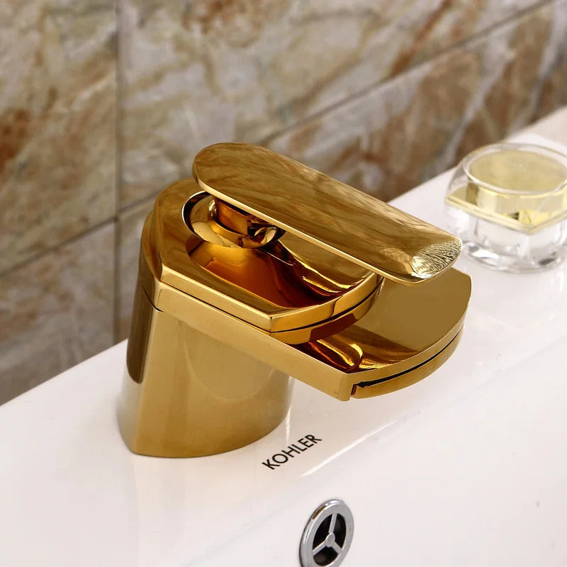 Becola All Copper Gold/Chrome/Brushed Duckbill Waterfall Faucet Hot and Cold Bathroom Washbasin Under Counter Basin Faucet