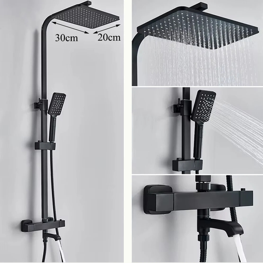 Black/Chrome Brass Shower Faucet Set Rainfall Bathtub Tap With Bathroom Shelf 3 Functions Height Adjust Shower Mixer Crane Fast