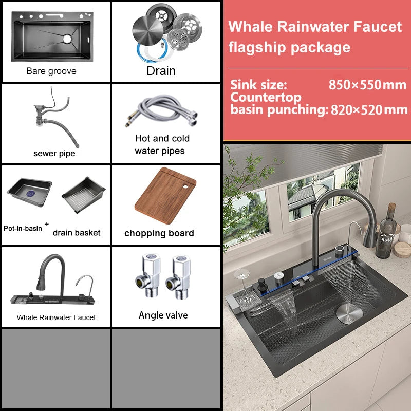 MultiFunction Waterfall Wash Vegetables Basin Stainless Steel Large Single Slot With Smart Digital Display Faucet Kitchen Sink