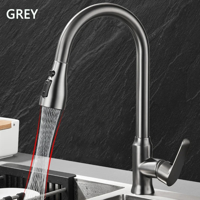Silver Pull Out Kitchen Sink Faucet Thickened BrassThree Model Stream Sprayer Nozzle Stainless Steel Hot Cold Wate Mixer Tap
