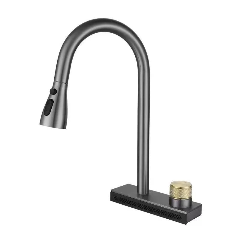 Black Kitchen Faucet With Rainfall Waterfall Wash 4 Function Brass Single Hole Pull Out Mixer Hot Cold Water Taps Deck Mounted