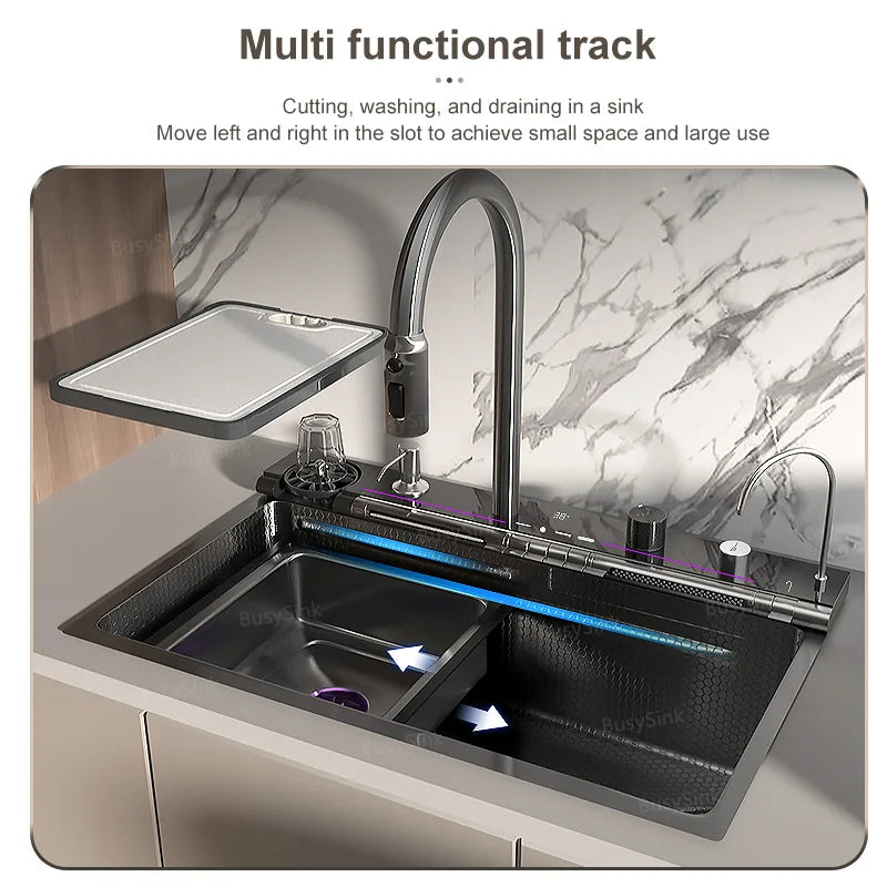 MultiFunction Waterfall Wash Vegetables Basin Stainless Steel Large Single Slot With Smart Digital Display Faucet Kitchen Sink