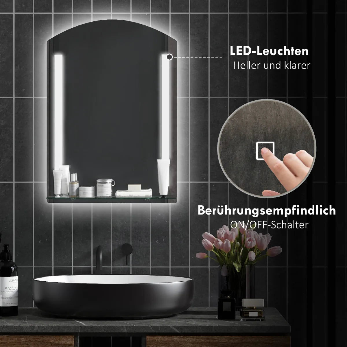 50x70cm LED Bathroom Mirror, 3 Light Colors IP44 Touch Control Memory Function