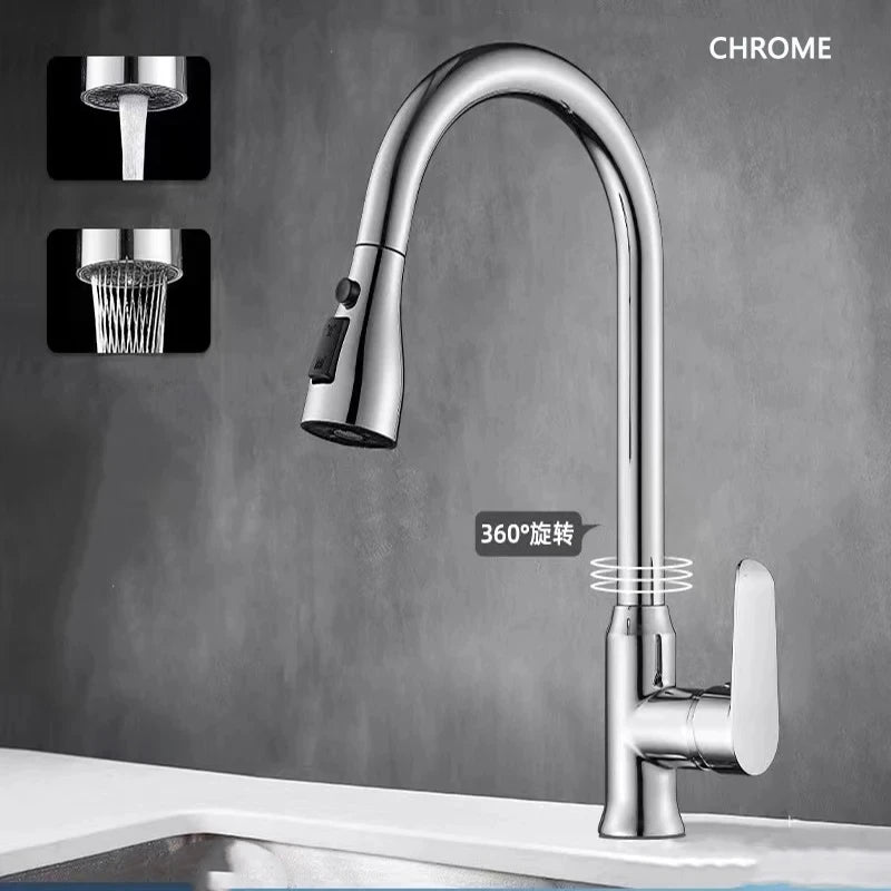 Silver Pull Out Kitchen Sink Faucet Thickened BrassThree Model Stream Sprayer Nozzle Stainless Steel Hot Cold Wate Mixer Tap