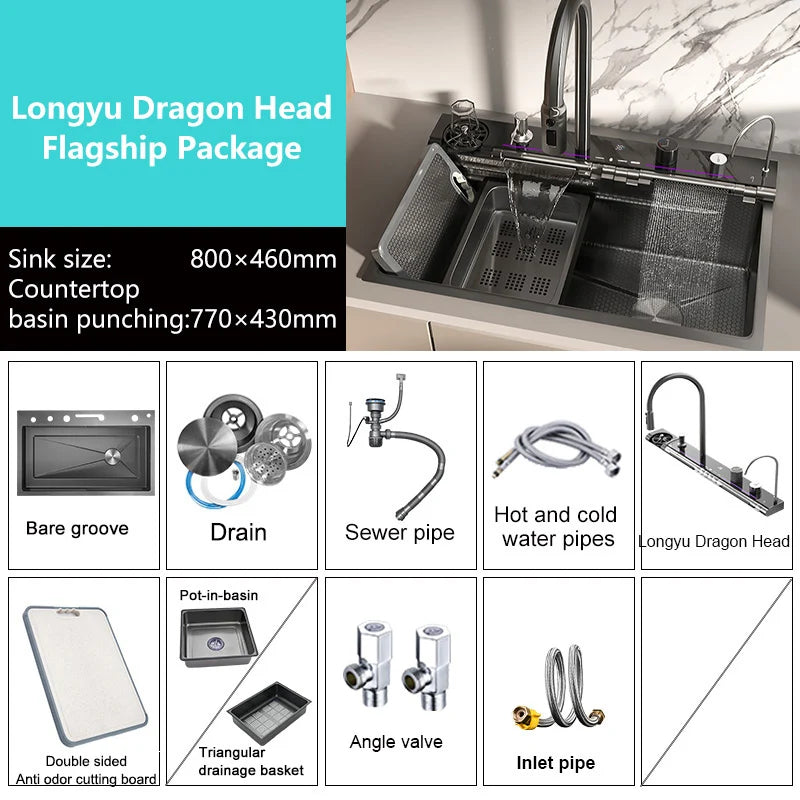 MultiFunction Waterfall Wash Vegetables Basin Stainless Steel Large Single Slot With Smart Digital Display Faucet Kitchen Sink