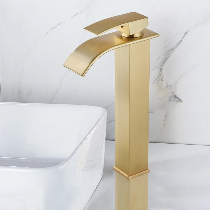 Brush Gold Waterfall Bathroom Basin Faucet Waterfall Spout Vanity Matte Gold Sink Mixers Taps Sink Faucet Tall short Style