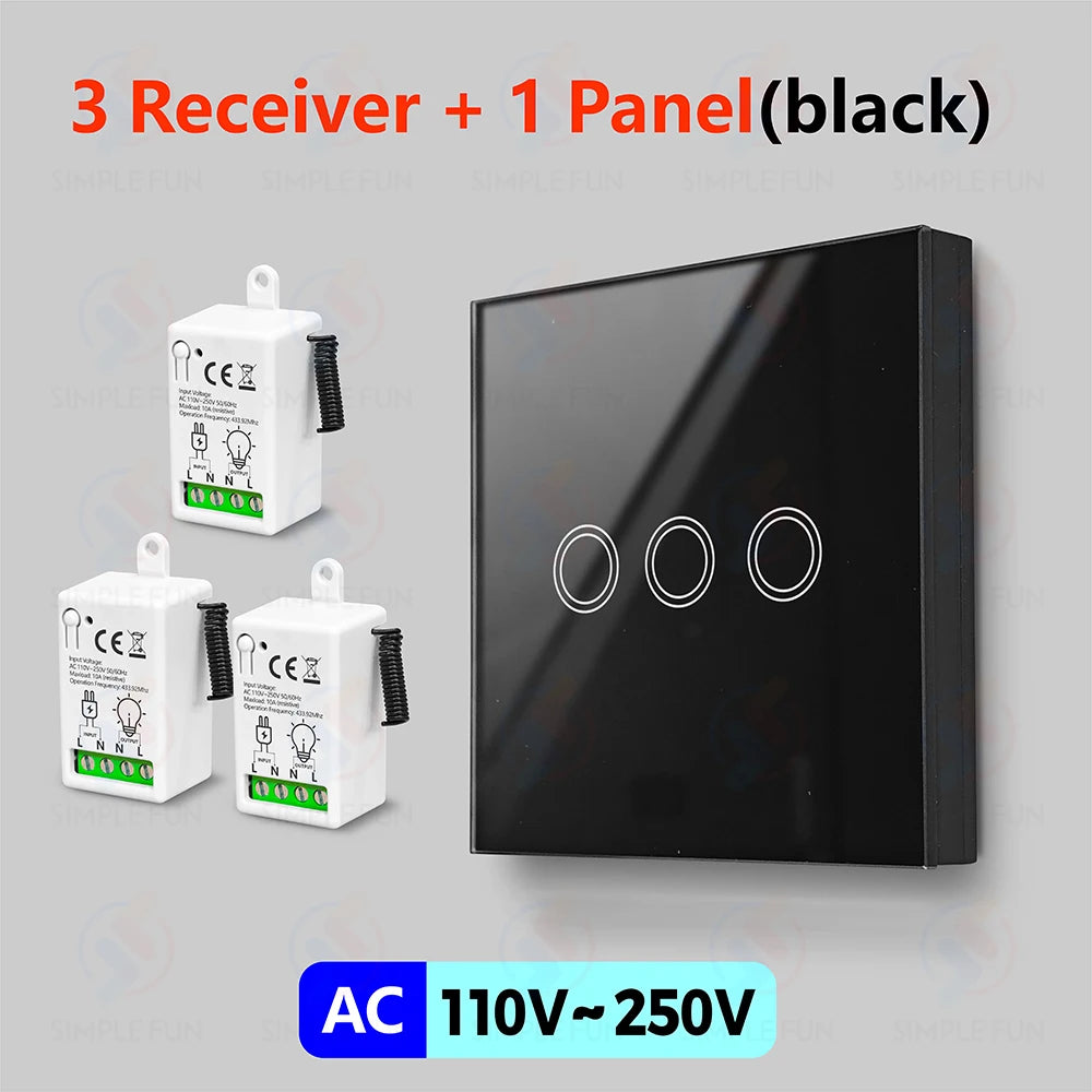 433Mhz 86-Type Wireless Touch Panel Remote Control Light Switch 110V~250V 10A Mini RF Relay Interruptor for Lamp/Home Appliance