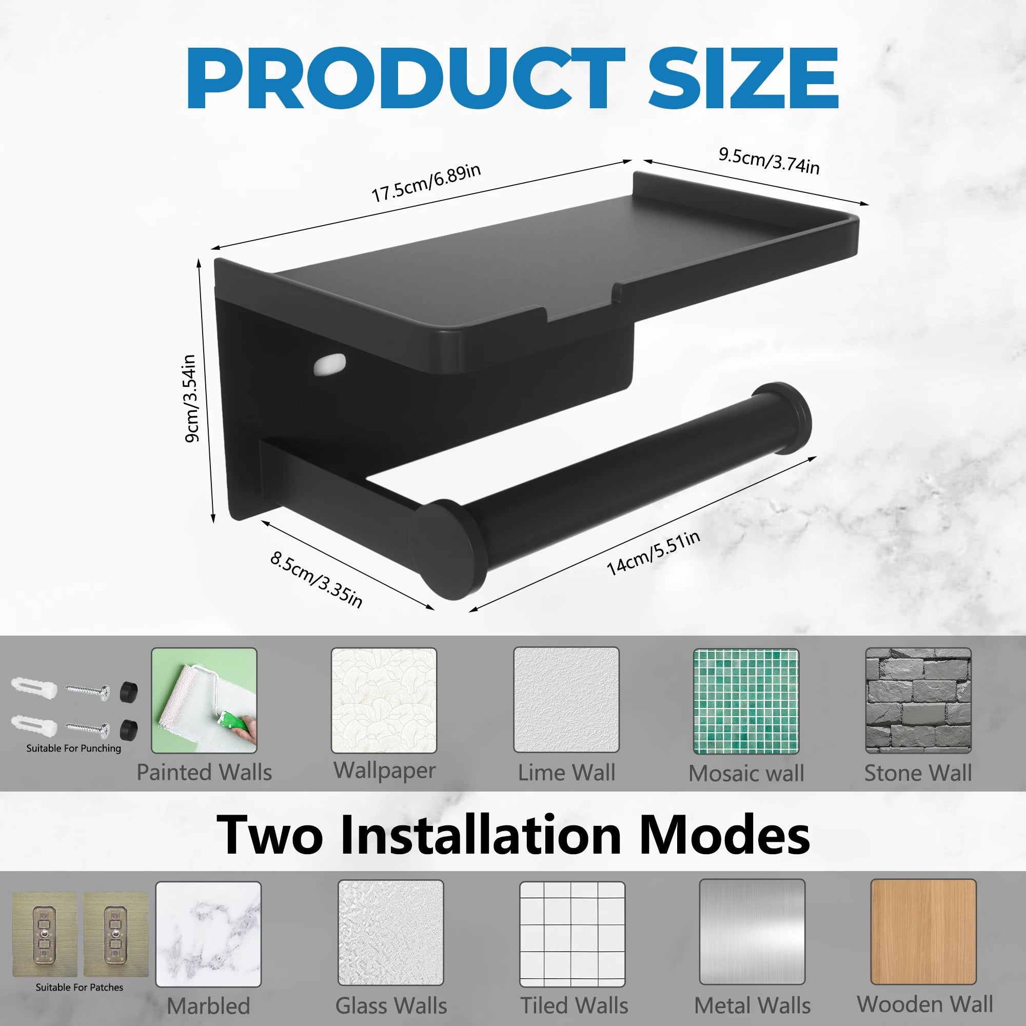 Toilet Paper Holder with Phone Shelf Adhesive or Screw Wall Mount Toilet Tissue Roll Holder for Bathroom