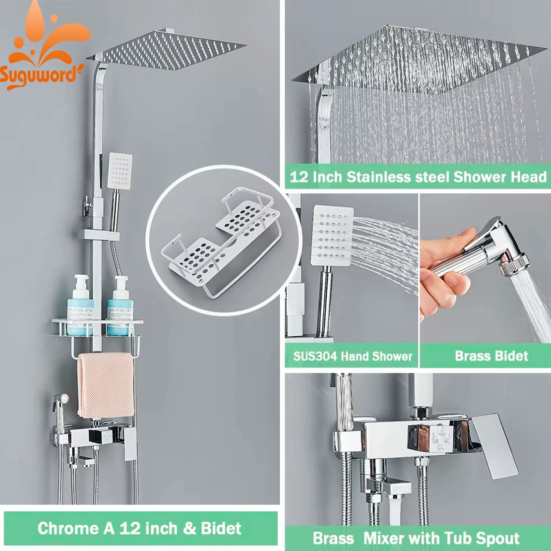 Black/Chrome Brass Shower Faucet Set Rainfall Bathtub Tap With Bathroom Shelf 3 Functions Height Adjust Shower Mixer Crane Fast