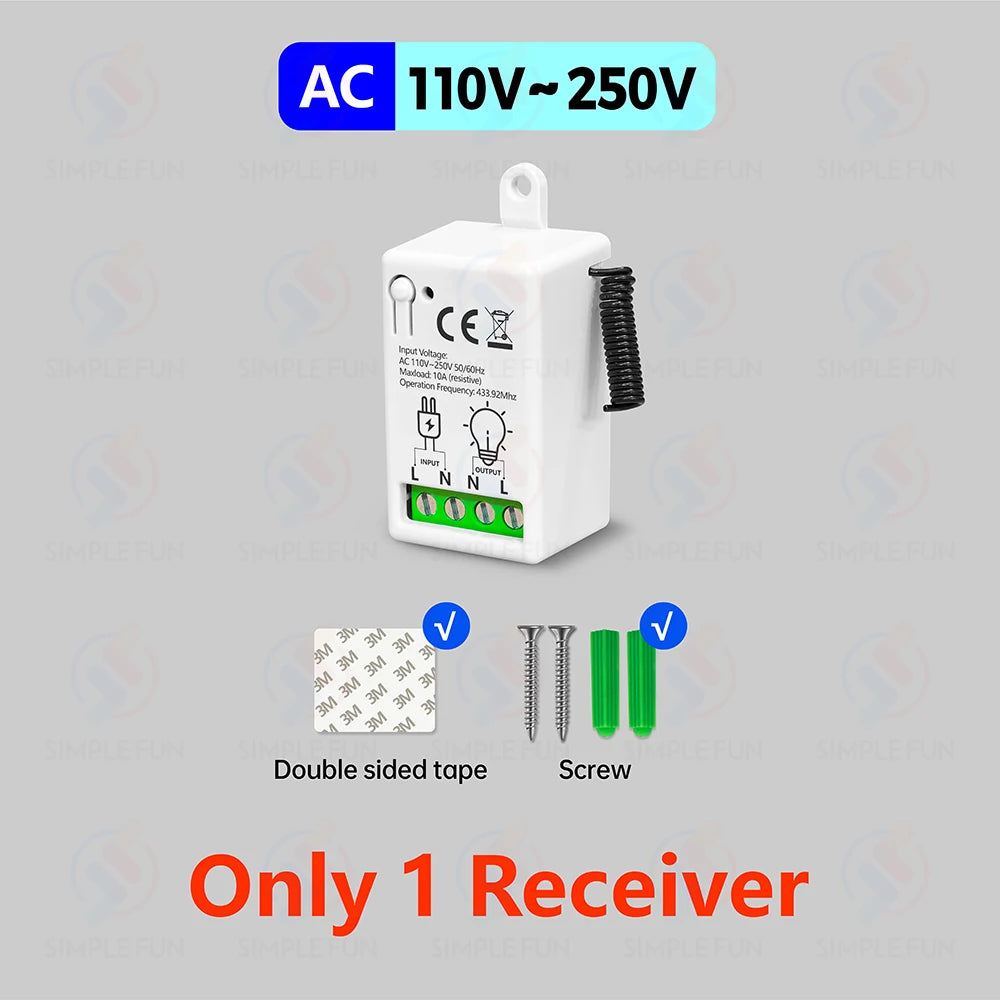 433Mhz 86-Type Wireless Touch Panel Remote Control Light Switch 110V~250V 10A Mini RF Relay Interruptor for Lamp/Home Appliance