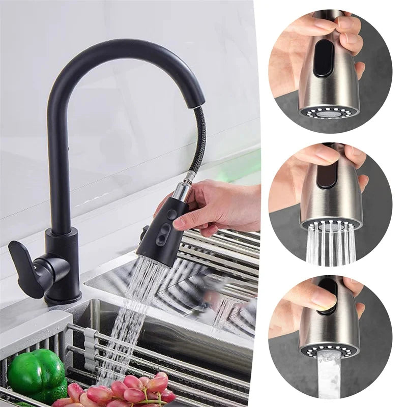 Silver Pull Out Kitchen Sink Faucet Thickened BrassThree Model Stream Sprayer Nozzle Stainless Steel Hot Cold Wate Mixer Tap