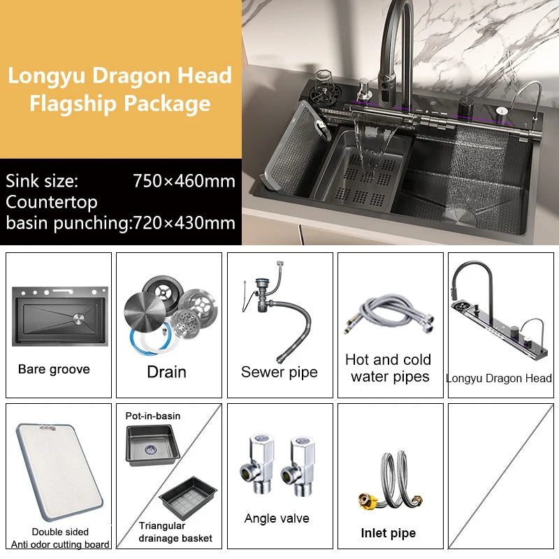 MultiFunction Waterfall Wash Vegetables Basin Stainless Steel Large Single Slot With Smart Digital Display Faucet Kitchen Sink