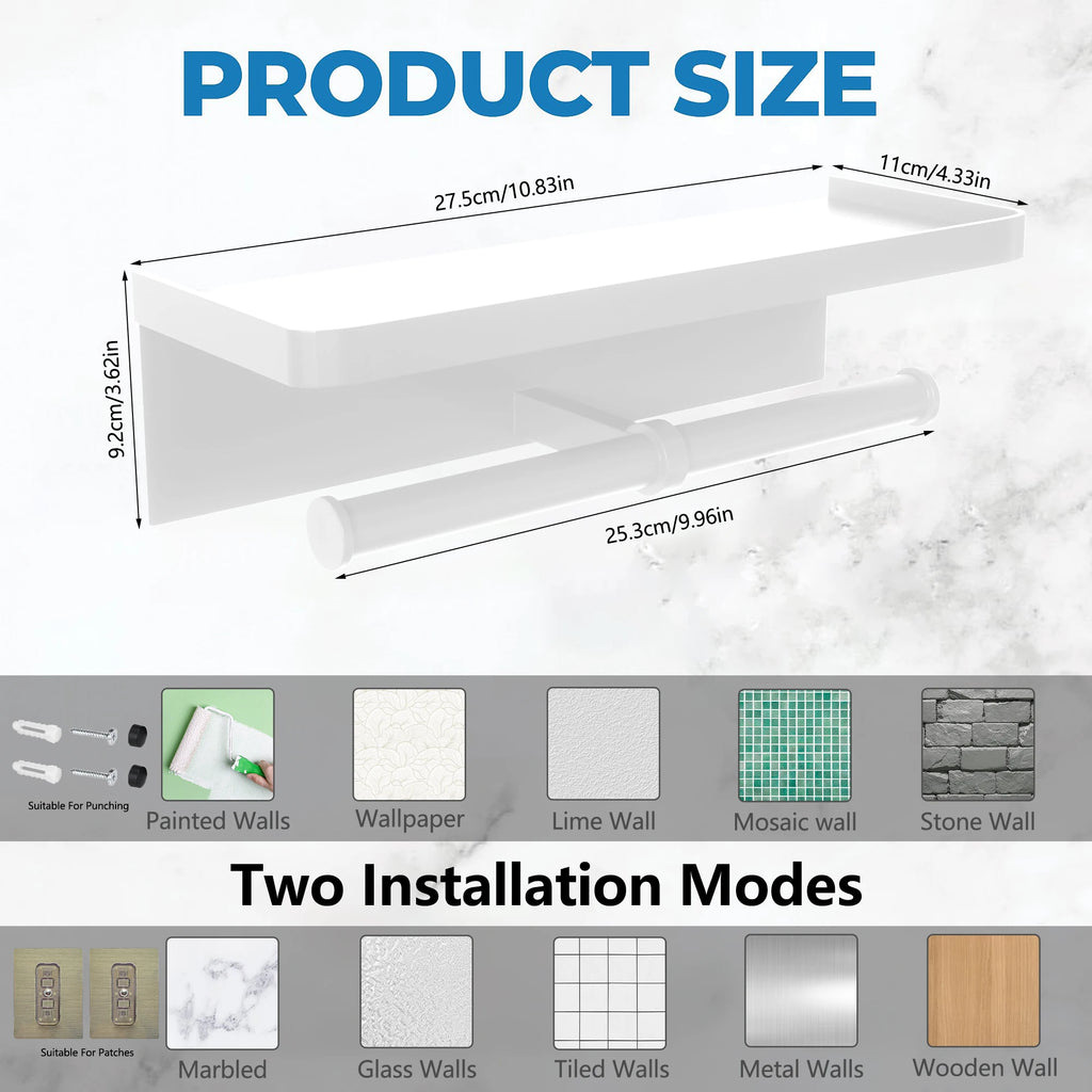 Toilet Paper Holder with Phone Shelf Adhesive or Screw Wall Mount Toilet Tissue Roll Holder for Bathroom