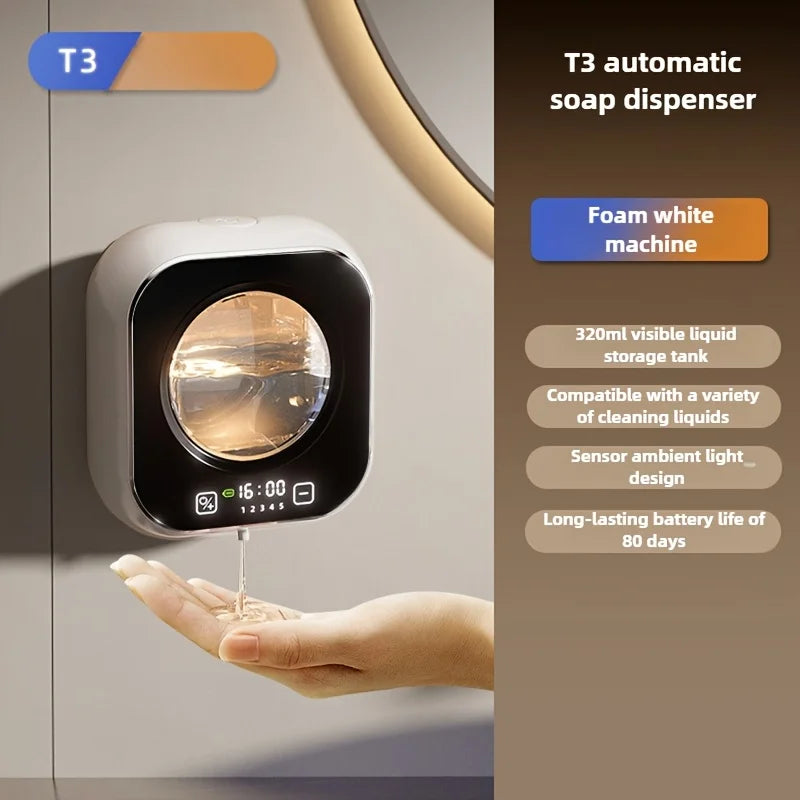 Sensor-operated hand sanitizer dispenser with USB charging, battery and time display, compatible with foam/liquid.