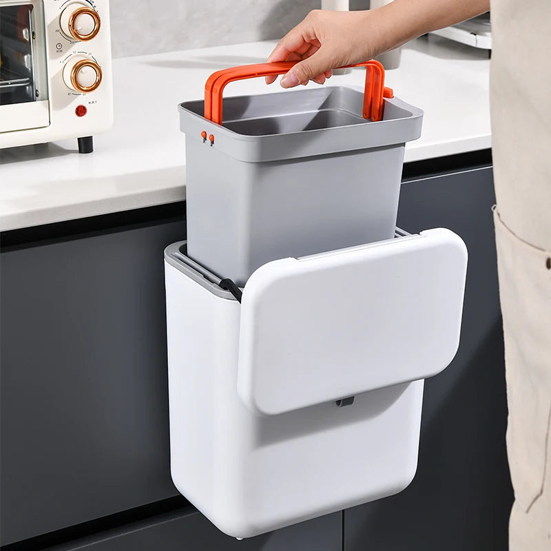 Kitchen Hanging Garbage Bin, 9L/7L Wall Mounted Large Capacity Covered Kitchen Garbage Recycling Bin, Bathroom Paper Basket