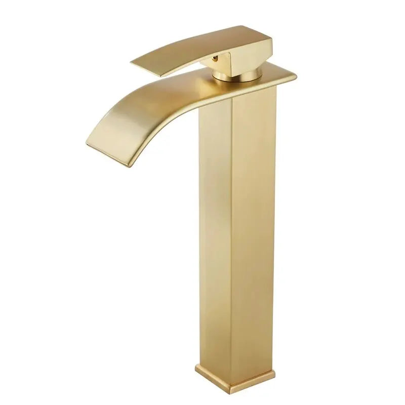 Brush Gold Waterfall Bathroom Basin Faucet Waterfall Spout Vanity Matte Gold Sink Mixers Taps Sink Faucet Tall short Style