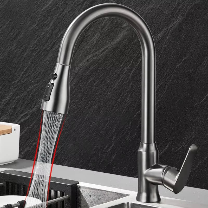 Silver Pull Out Kitchen Sink Faucet Thickened BrassThree Model Stream Sprayer Nozzle Stainless Steel Hot Cold Wate Mixer Tap