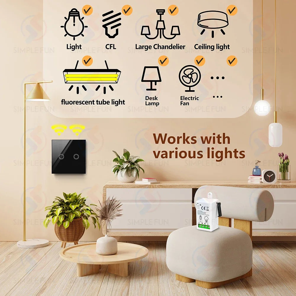 433Mhz 86-Type Wireless Touch Panel Remote Control Light Switch 110V~250V 10A Mini RF Relay Interruptor for Lamp/Home Appliance