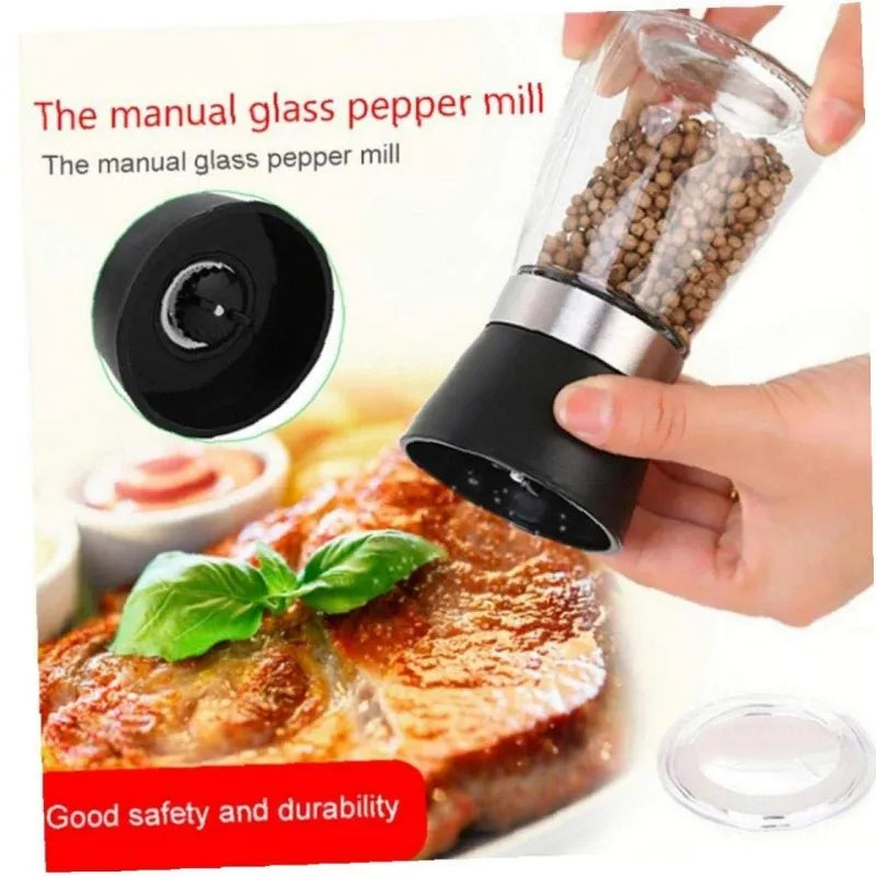 New Pepper Grinder Durable Glass Body Premium Stainless Steel Salt Grinder Adjustable Coarseness Handheld Spice Mill Pepper Mill