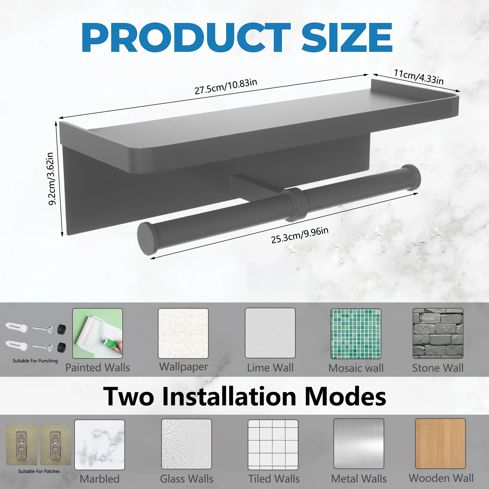 Toilet Paper Holder with Phone Shelf Adhesive or Screw Wall Mount Toilet Tissue Roll Holder for Bathroom