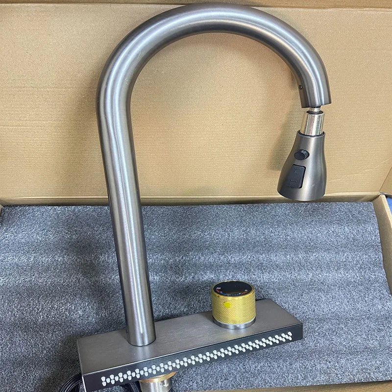 Black Kitchen Faucet With Rainfall Waterfall Wash 4 Function Brass Single Hole Pull Out Mixer Hot Cold Water Taps Deck Mounted