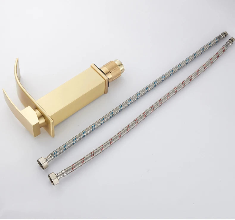 Brush Gold Waterfall Bathroom Basin Faucet Waterfall Spout Vanity Matte Gold Sink Mixers Taps Sink Faucet Tall short Style