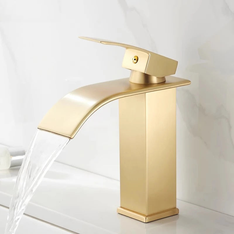 Brush Gold Waterfall Bathroom Basin Faucet Waterfall Spout Vanity Matte Gold Sink Mixers Taps Sink Faucet Tall short Style