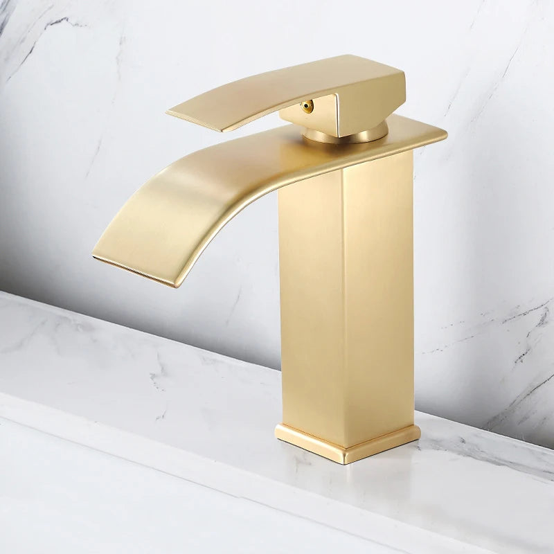 Brush Gold Waterfall Bathroom Basin Faucet Waterfall Spout Vanity Matte Gold Sink Mixers Taps Sink Faucet Tall short Style