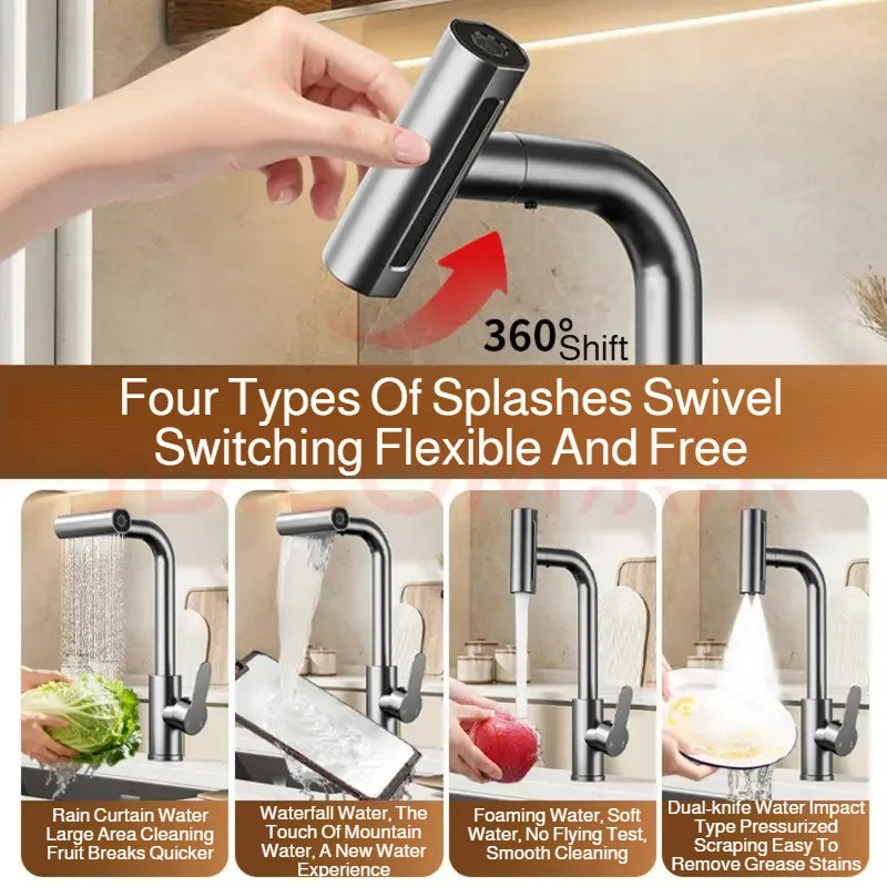 Kitchen Pull-out Faucet Four-setting Hot and Cold Sink Faucet Telescopic Waterfall Faucet Splash-proof for Various Countertops