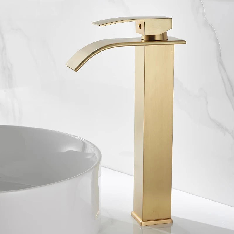 Brush Gold Waterfall Bathroom Basin Faucet Waterfall Spout Vanity Matte Gold Sink Mixers Taps Sink Faucet Tall short Style