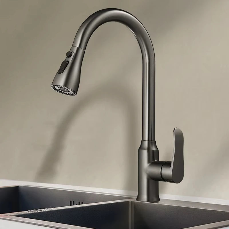 Silver Pull Out Kitchen Sink Faucet Thickened BrassThree Model Stream Sprayer Nozzle Stainless Steel Hot Cold Wate Mixer Tap